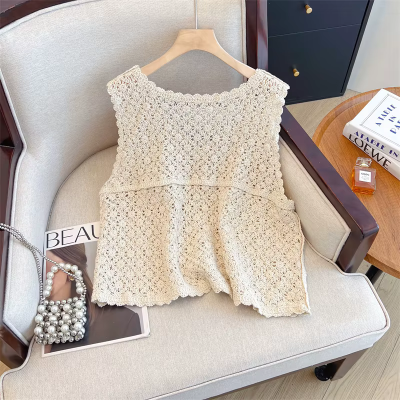 Vintage Boho Style Beige Crochet dentelle gilet femme sans manches tricot débardeur printemps été court couvrir élégant