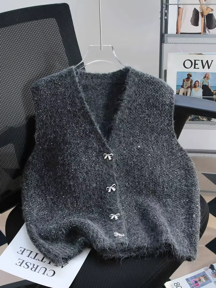 Gilet tricoté Design Sense 2026 – Collection Automne-Hiver – Vêtement décontracté ample avec nœud pour femme –
