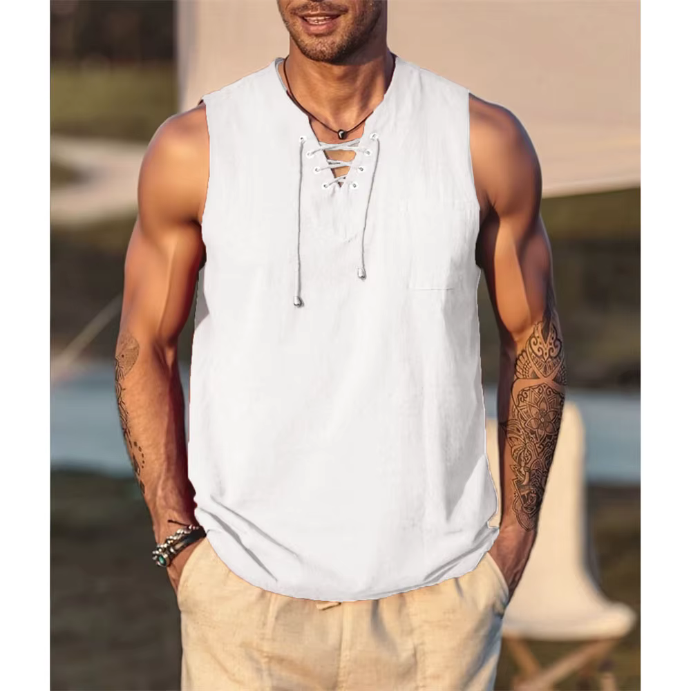 T-shirt sans manches en coton et lin pour hommes, Vintage, col en v, respirant, léger, Style basique, débardeur décontracté