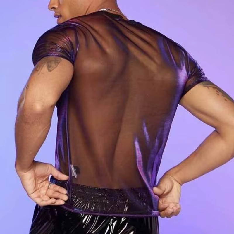 T-shirt en maille transparente brillante pour homme, col rond, manches courtes, haut sexy pour soirée, camisetas, haut transparent pour boîte de nuit, costume, t-shirts