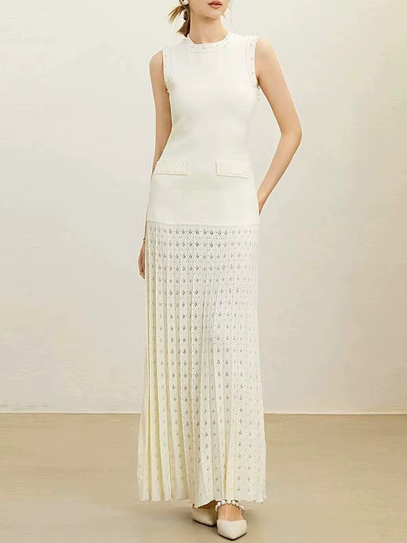 Perles décorées femmes col rond sans manches épissage tricoté robe pull élégant ou court
