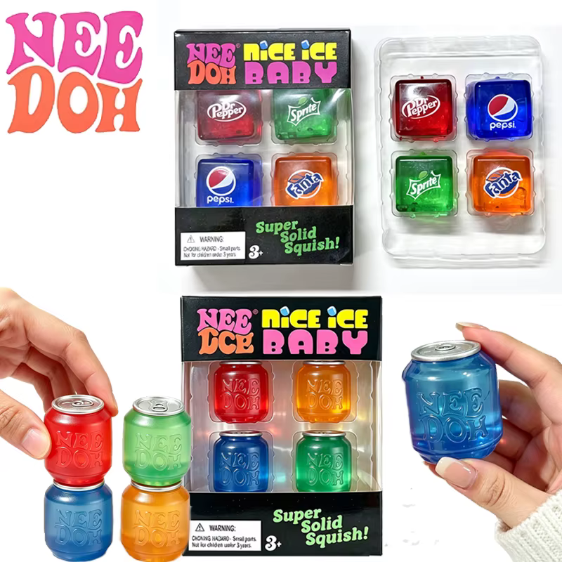 Needoh Nice Ice Mini 4 Pack Cubes de canettes de cola à rebond lent, sensoriels, apaisants, anti-stress, pour soulager l'anxiété, favoriser la relaxation, pour adultes, cadeau