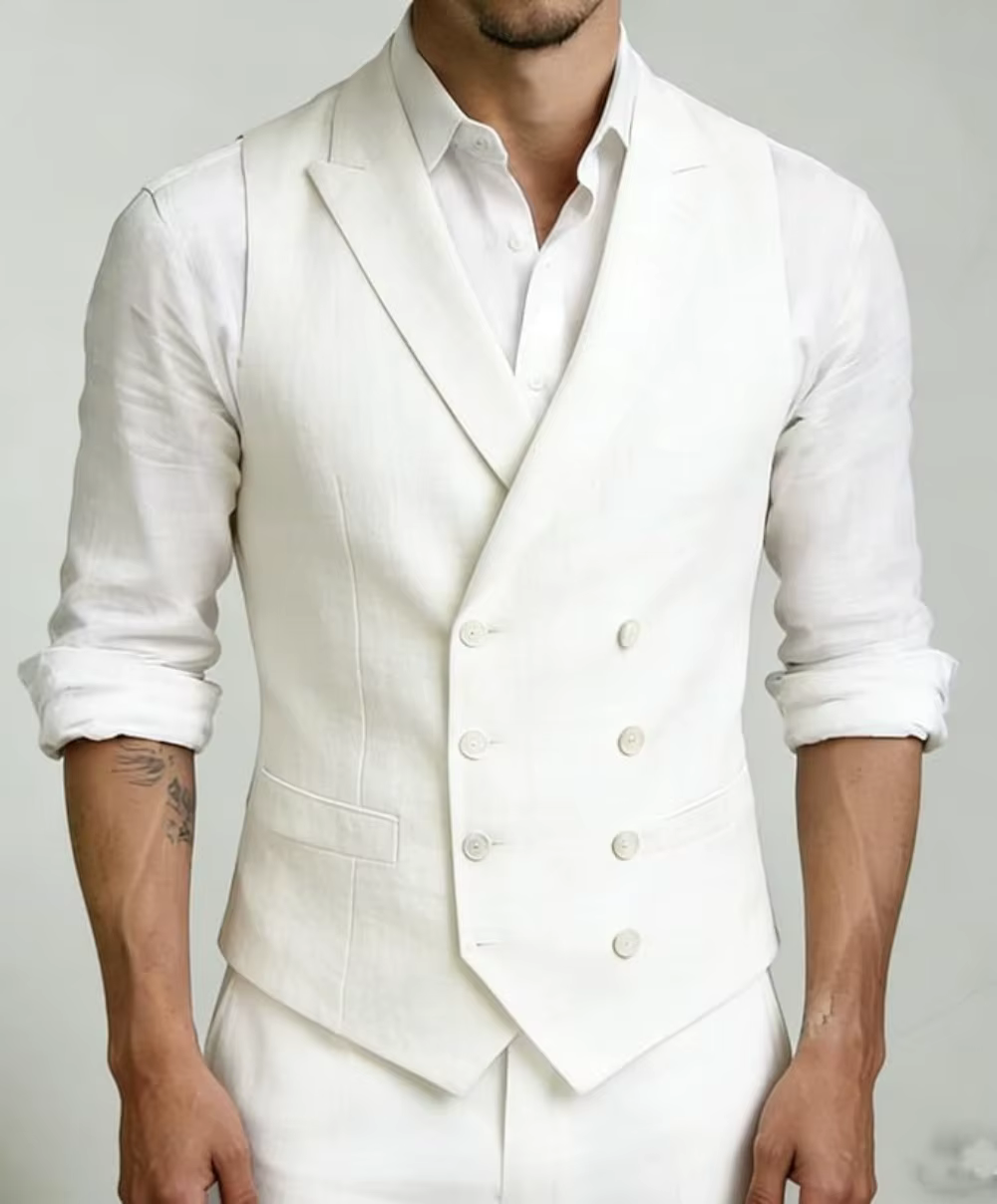Gilet en lin pour homme, double boutonnage, sangle réglable au dos, décontracté, pour mariage