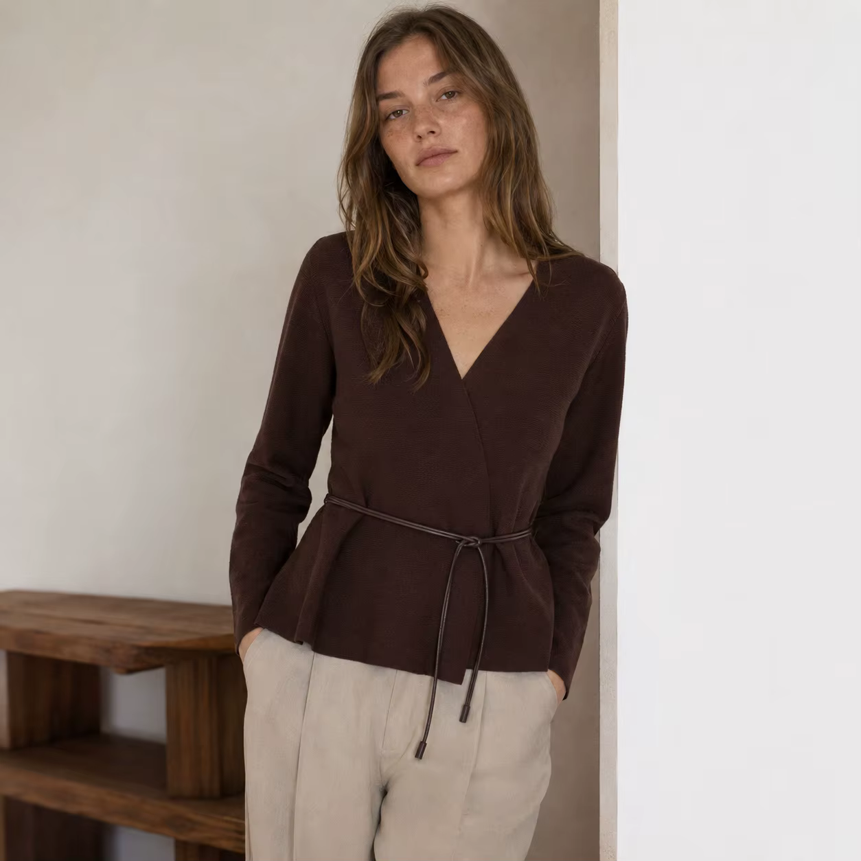 Manteau pull en tricot pour femme avec ceinture