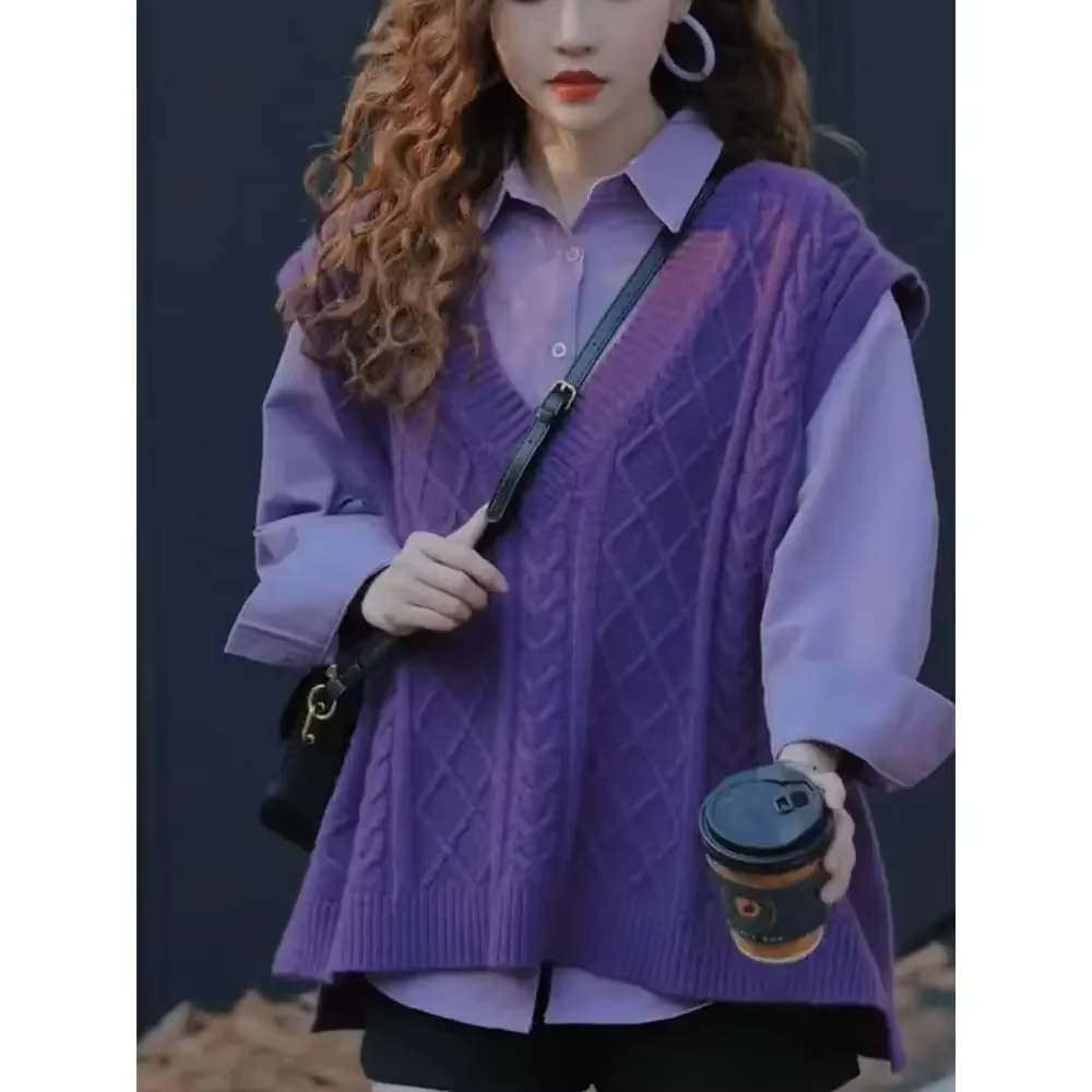 Gilet violet col en V pour femmes, tricot ample, élégant, pour bureau et soirées automne hiver