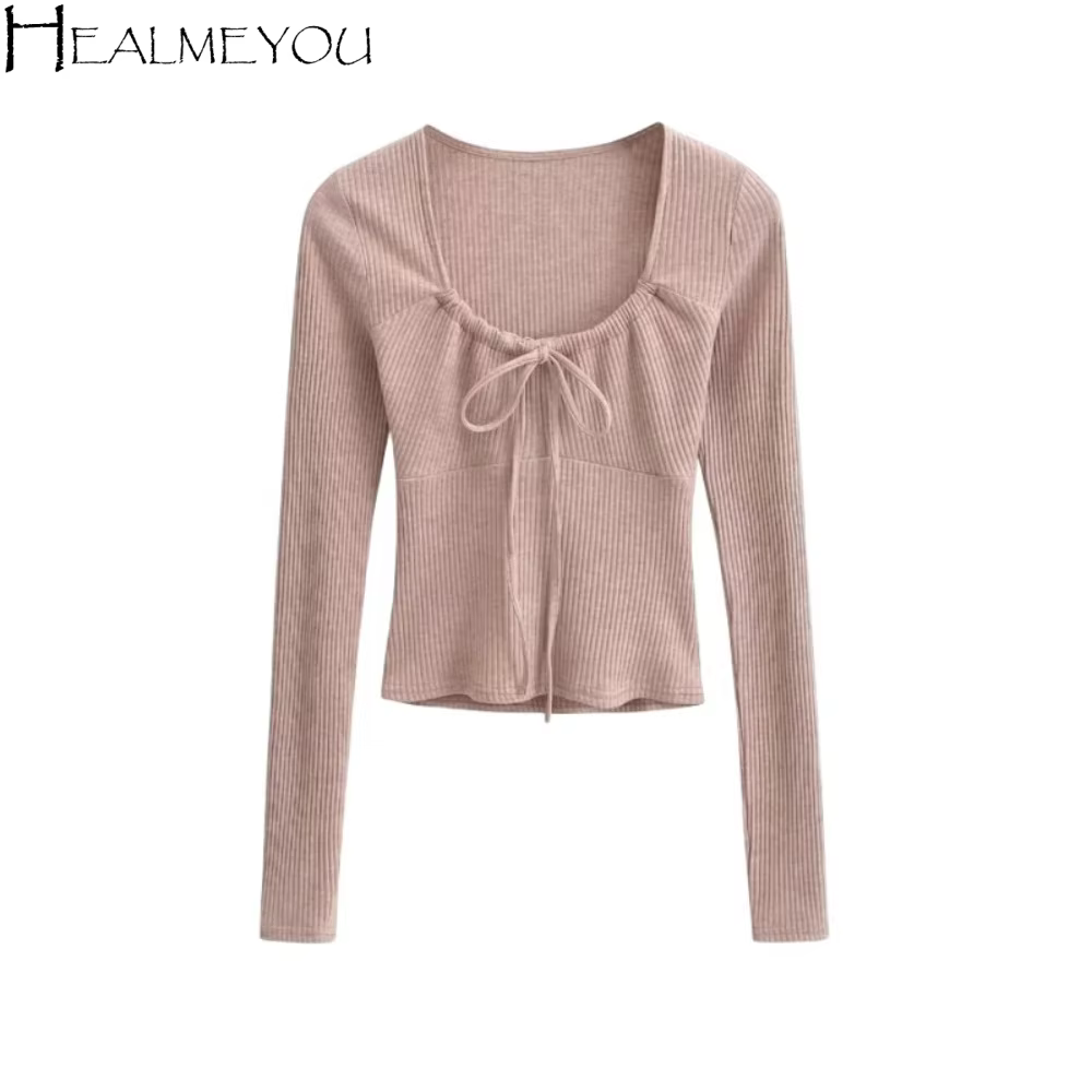T-shirt à col carré pour femmes, coupe ajustée, couleur unie, manches longues fines, chemise de base, avec lacets, printemps automne