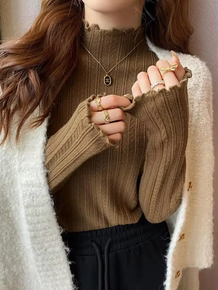 Zjaiss 2026 automne hiver chaud Pull froncé col roulé femmes chandails mince hauts tricoté
