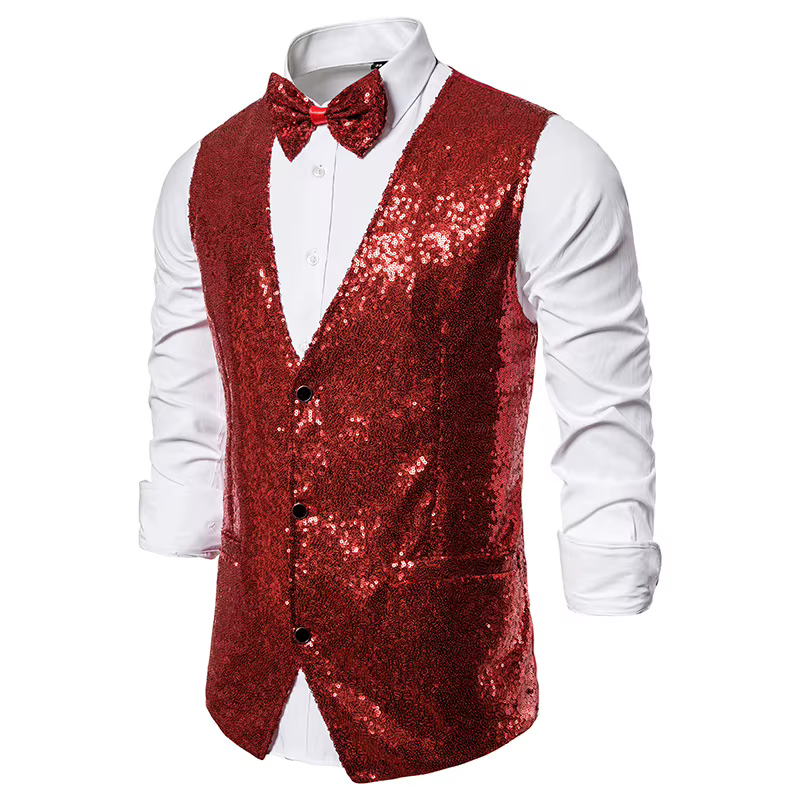 Gilet de luxe pour homme, col en V, coupe ajustée, scintillant, uni, avec nœud papillon, pour mariage, fête, cérémonie, veste sans manches