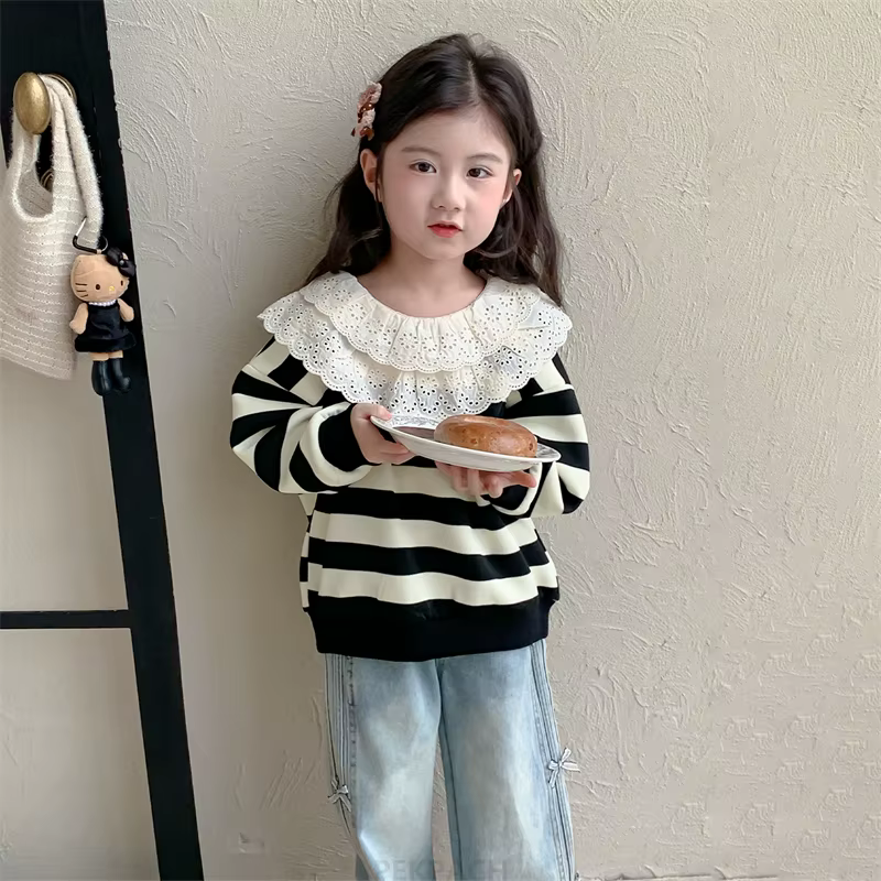 Sweat-shirt élégant à rayures noires et blanches pour enfants de 2 à 9 ans, avec col en dentelle, tenue pour nourrissons filles, vêtements de printemps et d'automne en coton