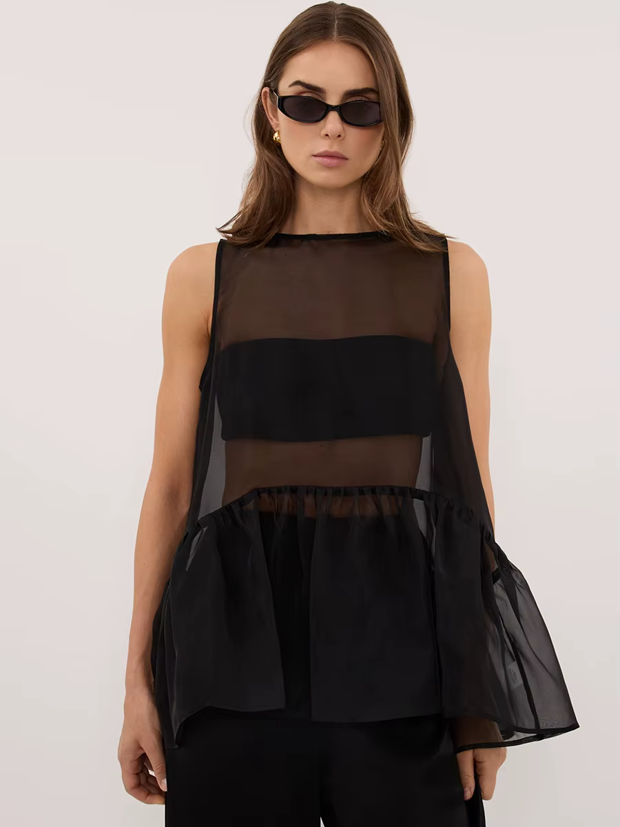 Haut sans manches en maille transparente LIMO pour femme, avec ourlet à volants, fluide et transparent