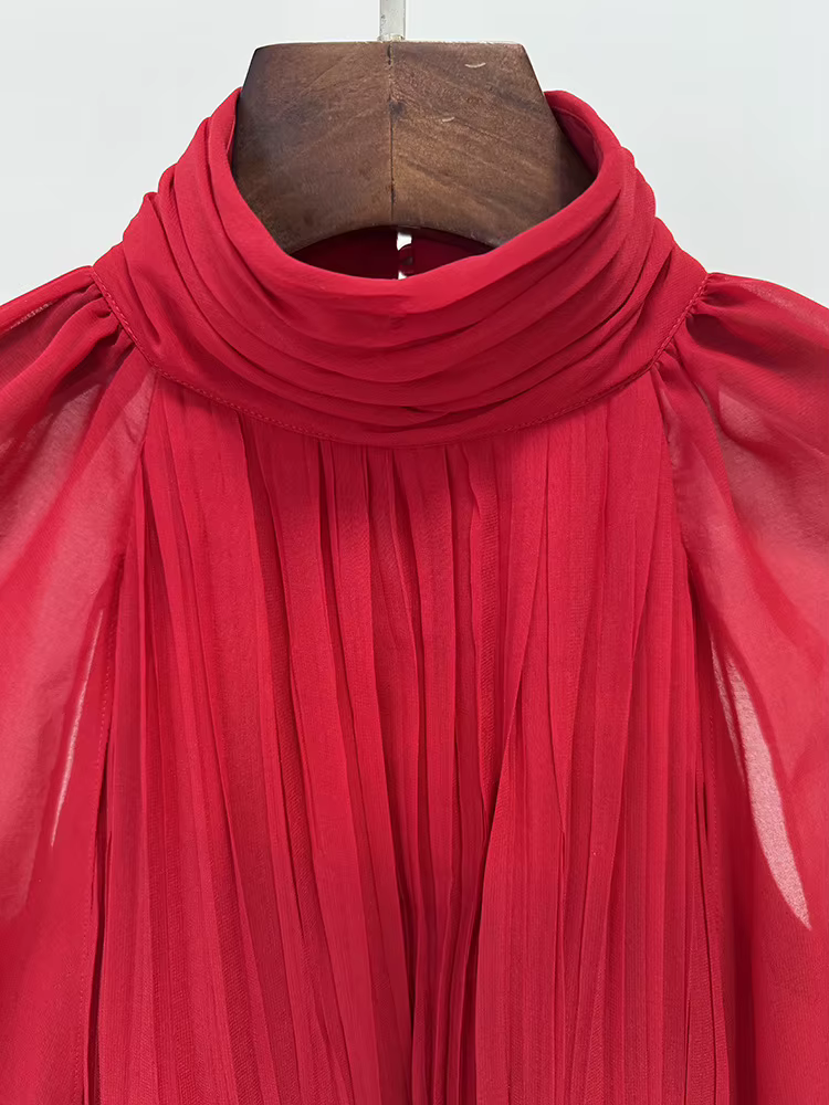 Robe de soirée rouge en mousseline de soie, col haut, manches Cape, robe Maxi plissée élégante pour Occasions formelles, robe longue de bal de qualité