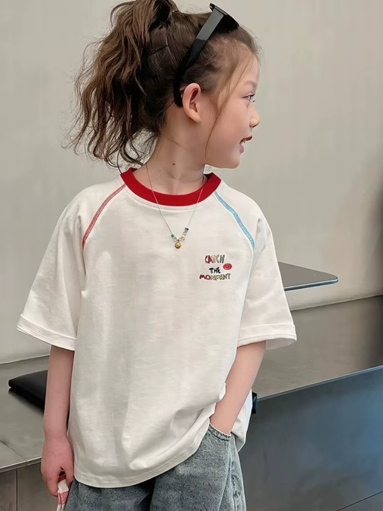 T-shirt blanc pour filles, nouvelle collection été 2026, 100 % coton, épaules tombantes, manches courtes, décontracté, pour grandes filles, coupe ample tendance