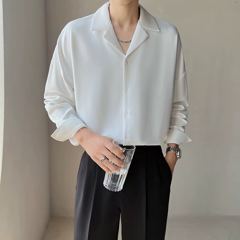 Chemise à Manches sulfpour Homme, Col Cubain Solide, Beau, Décontracté, Sans Fer, observateur, Style Coréen, Ice InjShirt