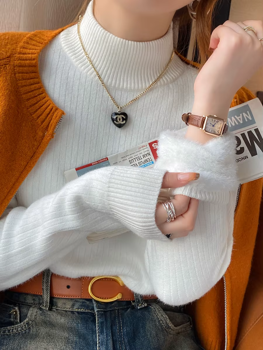 Pull col roulé pour femme Hiver 2026 Rétro avec doublure en velours