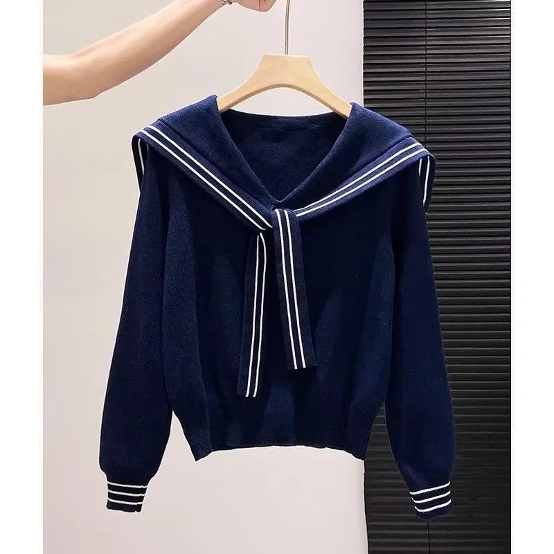 Pull tricoté bleu marine pour femme, coupe ample, style décontracté, col de marin, polyester, automne, occasions spéciales