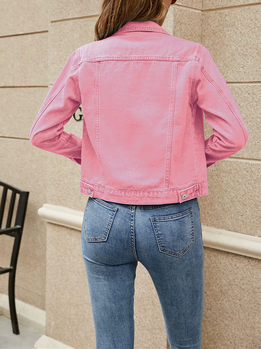 Veste en jean boutonnée à manches longues pour femme avec poche poitrine, couleur unie, noir, bleu, jaune, rose, rouge, décontracté, document