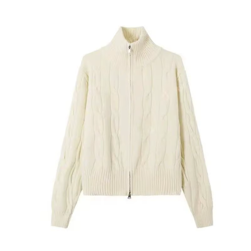 Double fermeture éclair col haut pâte frite torsions pull Cardigan femmes automne et hiver