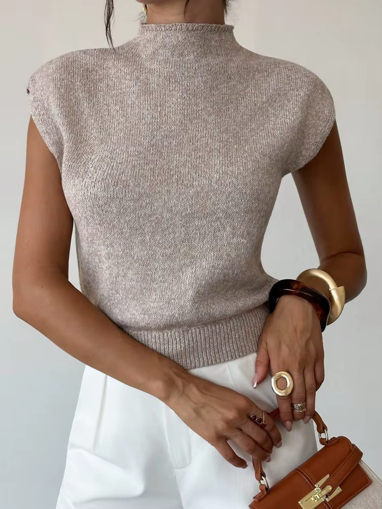 Pull en maille à col montant et manches courtes pour femme – Printemps