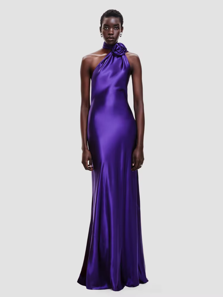 Robe longue dos nu pour femmes, Sexy, col licou, Design floral 3D, violet, sans manches, ruban drapé, Maxi, élégante, soirée