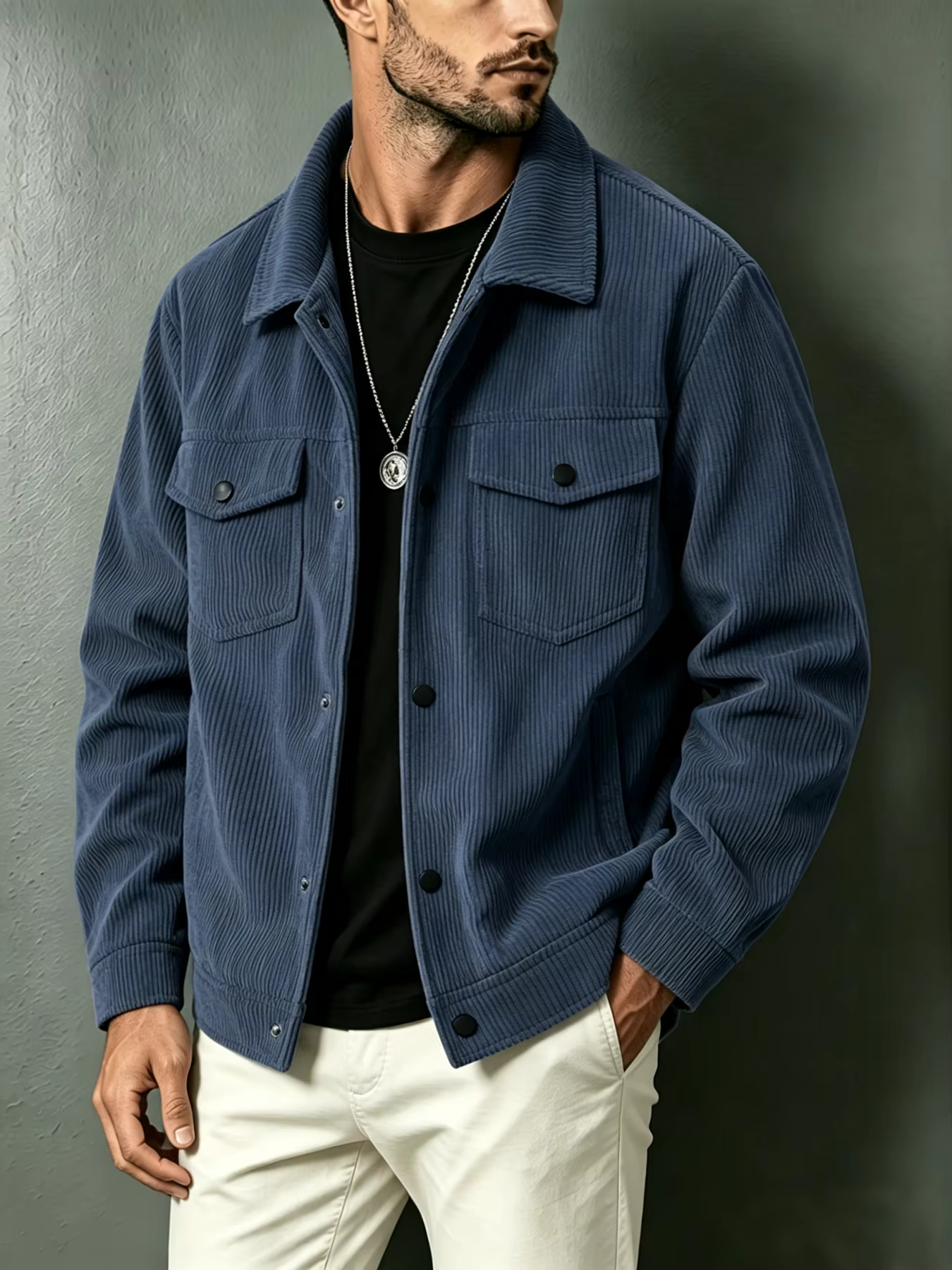 Veste en velours côtelé pour homme : col classique, plusieurs couleurs disponibles, coupe ample, confortable et polyvalente
