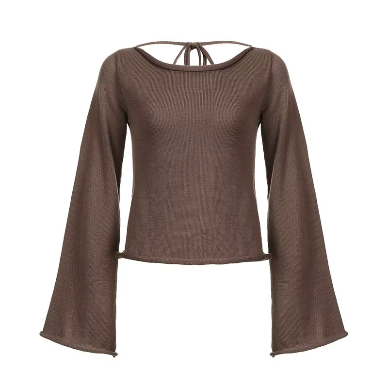 Tempérament dos nu attaché pull tricot pull femmes manches évasées haut extérieur ample