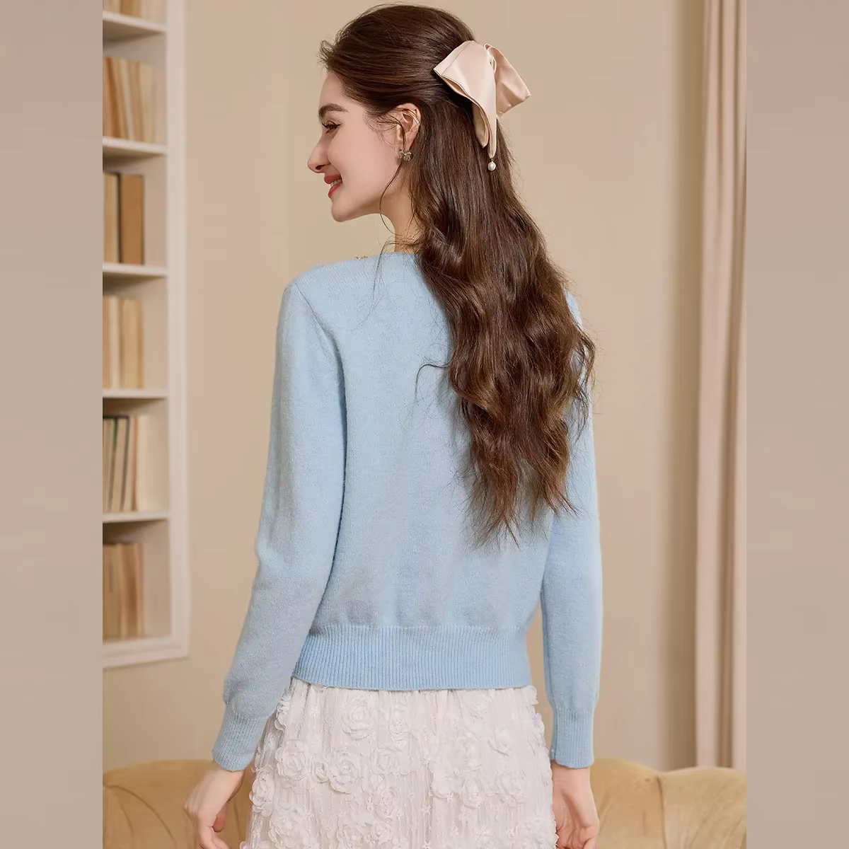LOUIS YAO col en v tricots pour femmes 2025 automne/hiver hauts tricotés pulls élégants dentelle garnis de perles épissage chandails