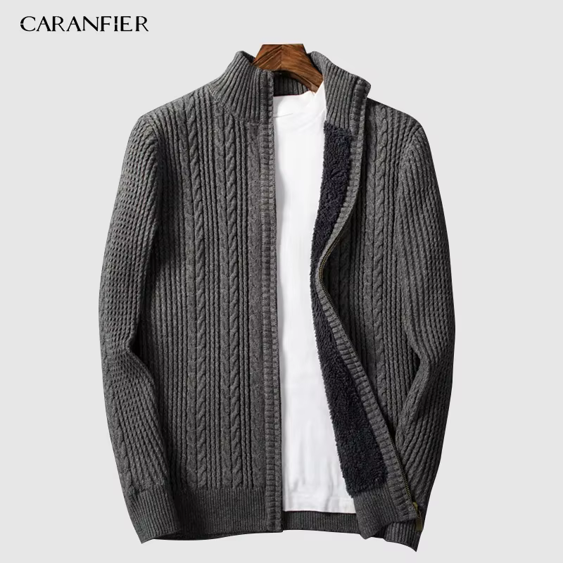 CARANFIER velours fermeture éclair marque chandails hommes tricoté Cardigan coupe ajustée vêtements solide côtelé bas pull tricots manteaux 3XL