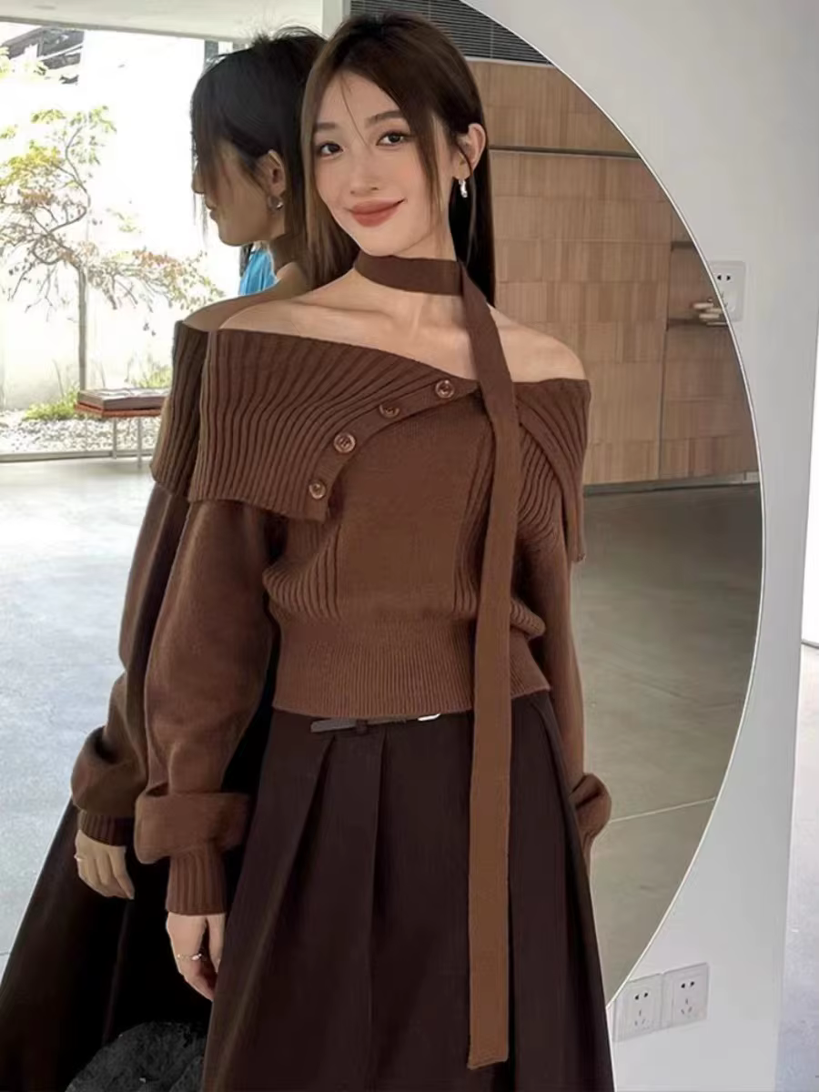 Pull marron à épaules dénudées pour femmes