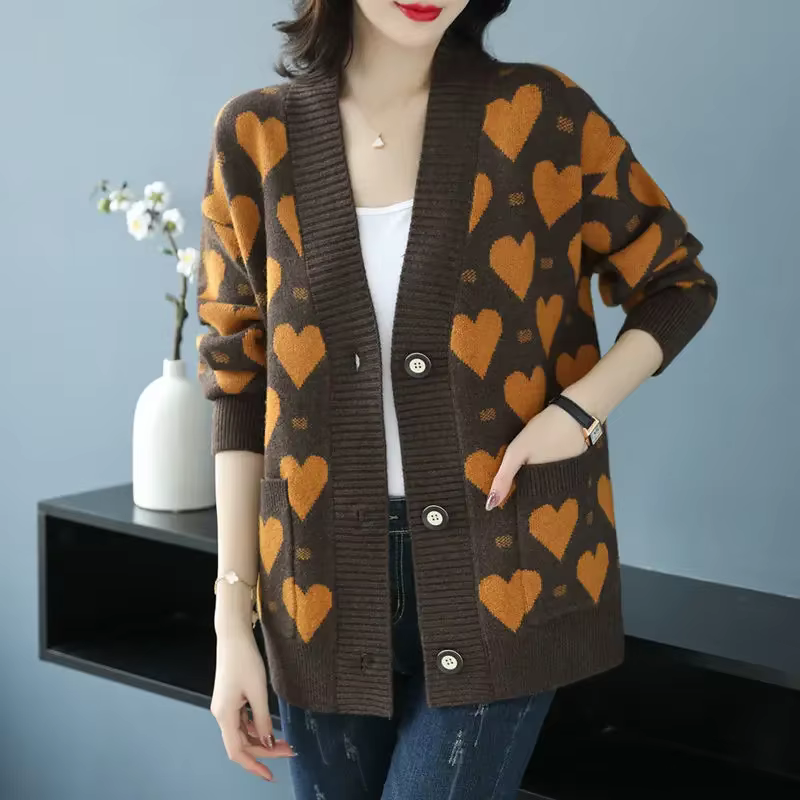 Cardigan femme hiver 2025 vintage patchwork col en V coupe ample polyester acétate automne noir bleu ciel vert armée occassions spéciales