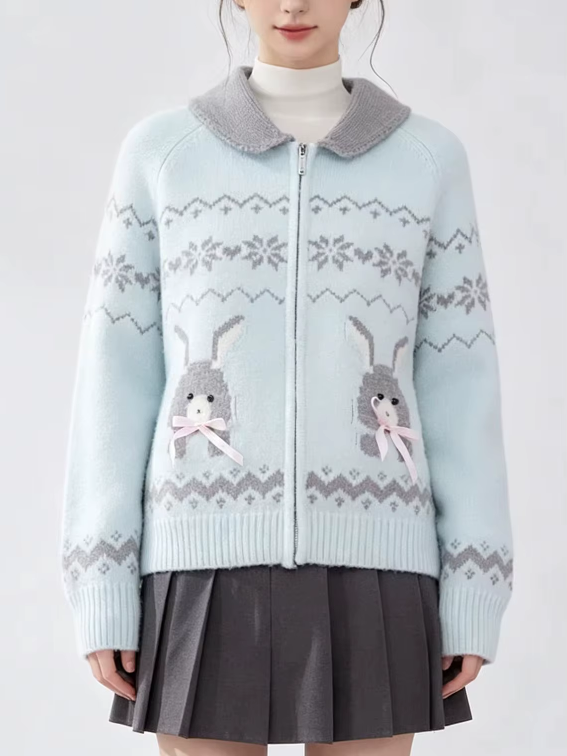 Pull décontracté bleu clair à col lapin pour femme