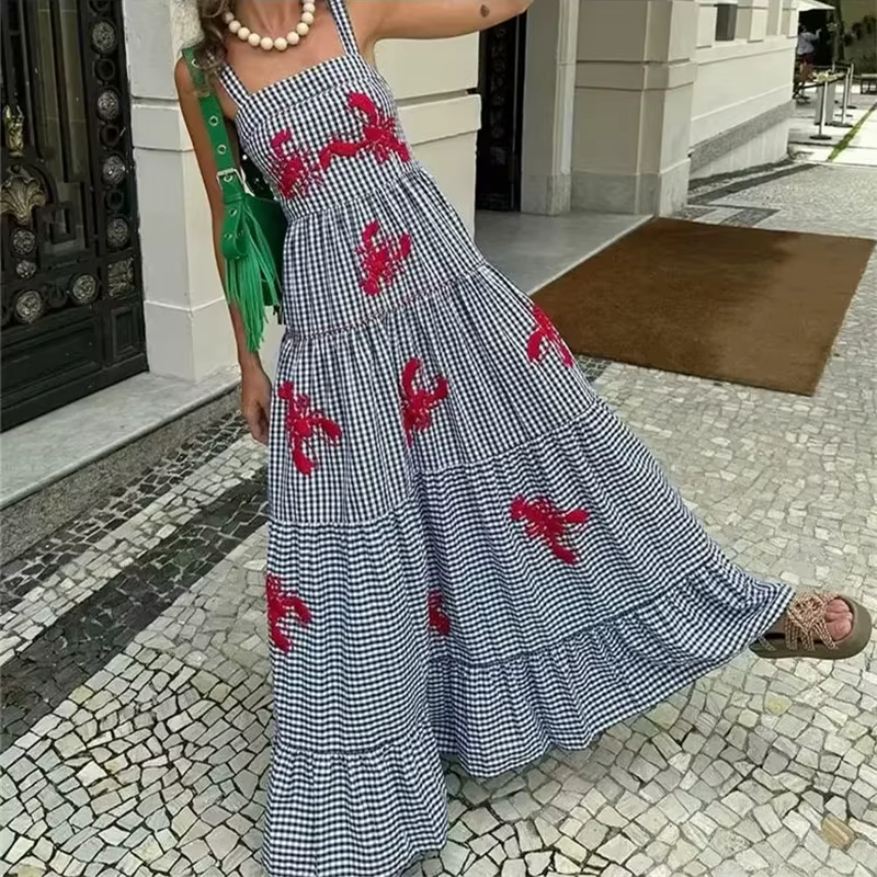 MUJER Plaid Slip longue robe femme broderie à volants robes d'été 2025 sans manches plage vacances robe femmes décontracté robes mi-longues