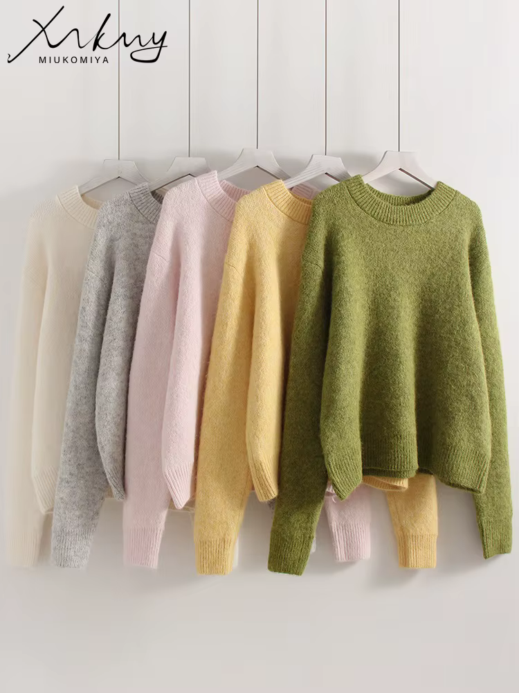 Pull d'hiver pour femme 2025 pulls chauds col rond tricots pulls en tricot ample chandails marron de base pour les femmes hiver rose