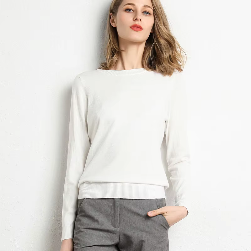 Pull Slim à col rond pour femme, mélange de laine et cachemire, chemise à manches longues en tricot, grande taille, automne et hiver, 2024