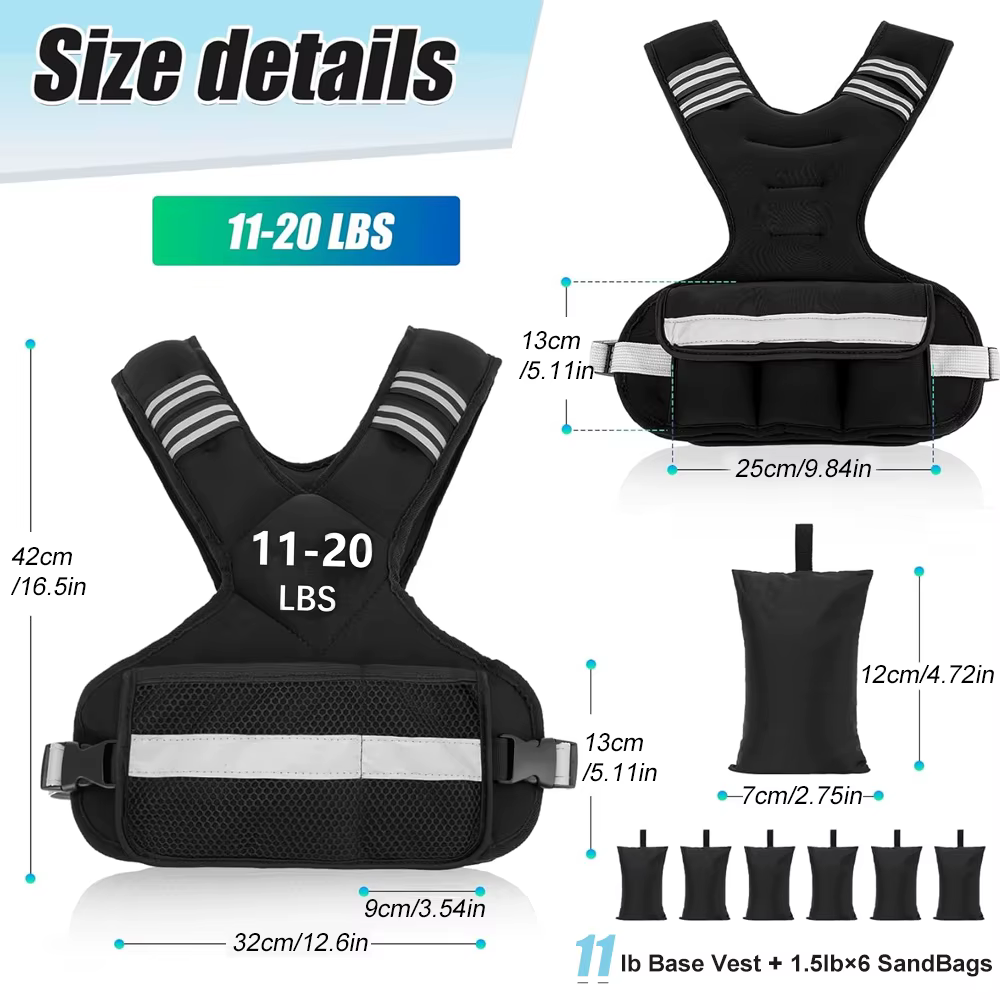1 gilet lesté réglable, gilet d'équitation de 11 à 20 lb pour femmes et hommes avec 6 poids et grande poche, gilet de poids pour la course à pied, la marche