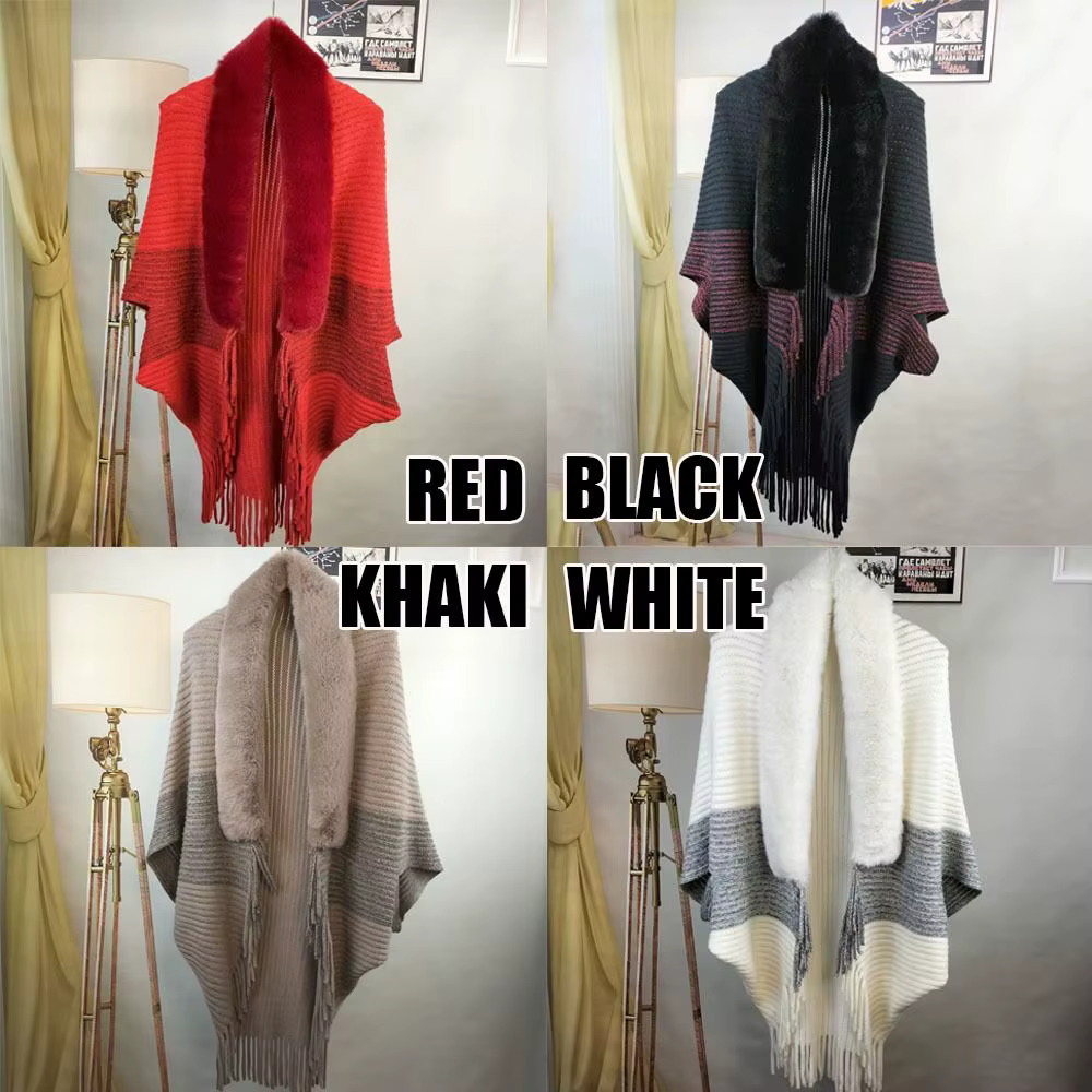 Cape Cardigan à la mode, col en fausse fourrure, enveloppes en peluche, châle tricoté, chaud pour l'hiver