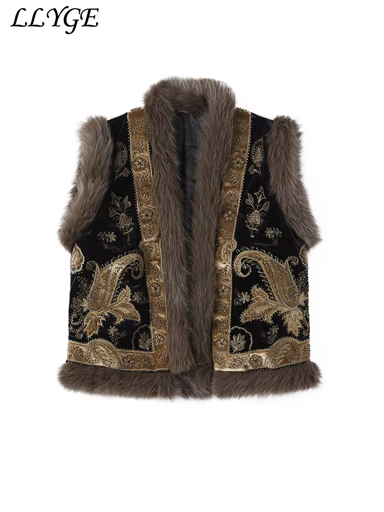 Rue broderie fourrure Patchwork gilets femmes col montant sans manches femme