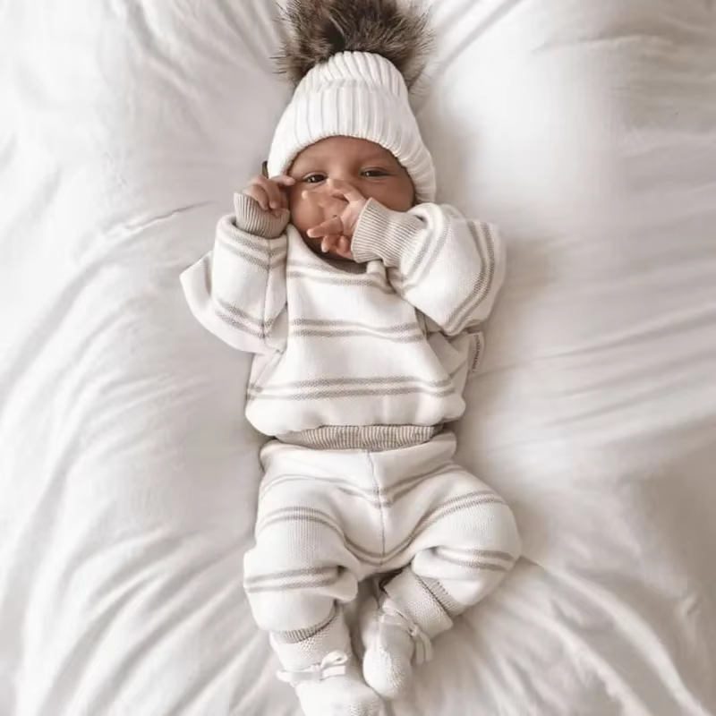 Nouveau-né bébé chandails garçon vêtements gris rayure bébé fille tenue ensemble tricot pull Ropa De Bebe Niña