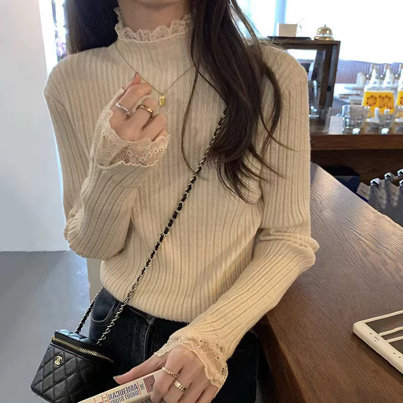 Pull à col roulé à coutures en dentelle pour femmes