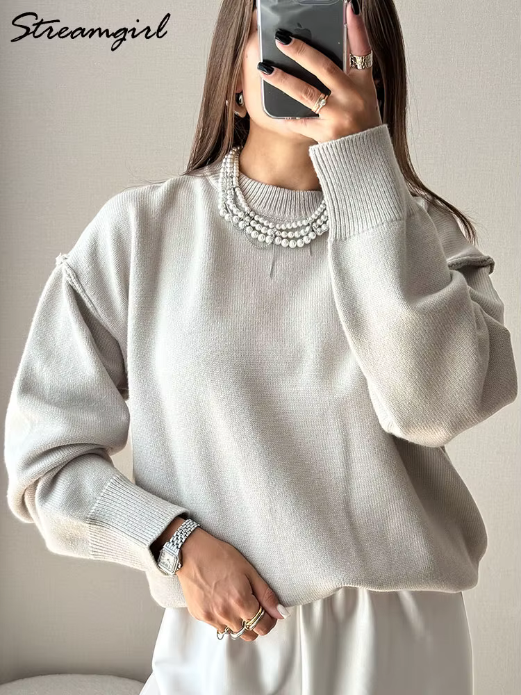 Chandails surdimensionnés marron pour femmes hiver épais jaune pull femme automne chaud ample col rond dames