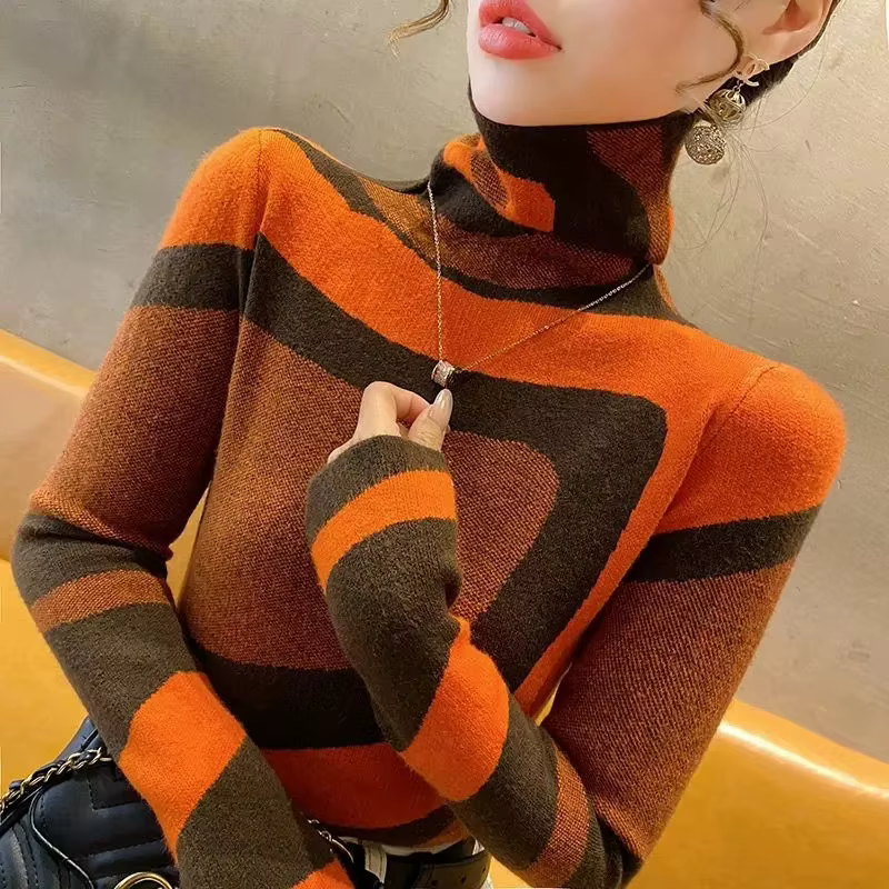 Femmes col roulé couleur bloc tricoté pull nouveau mince mode tout-match Vintage laine pulls décontracté doux tricots