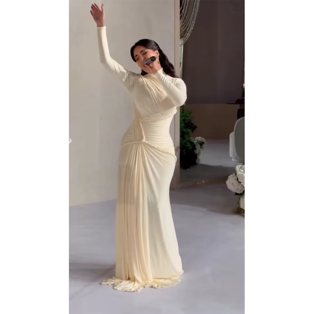 Robe de soirée à col haut, manches longues personnalisées, plissée, longueur au sol, robe de bal sirène, robes de soirée formelles, style saoudien