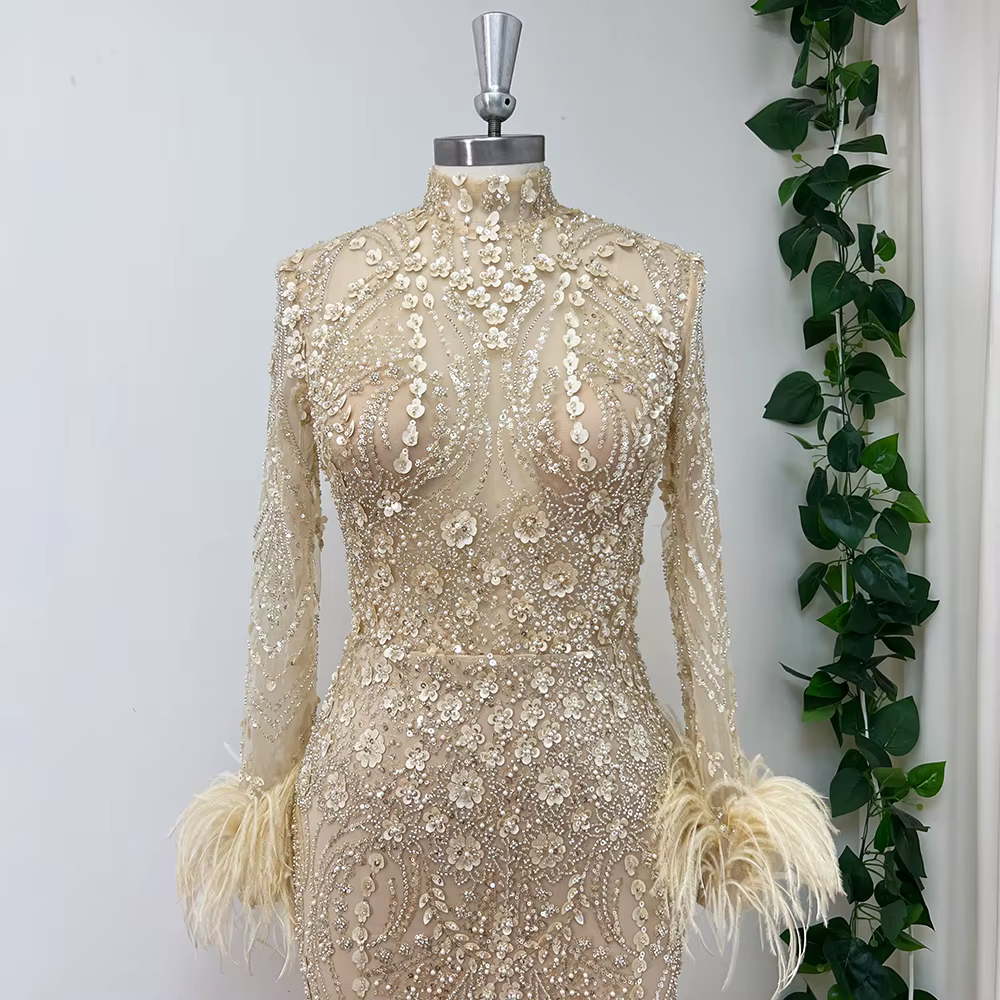 Robe de soirée musulmane élégante, col haut, manches longues, détail de fleurs 3D, pour femmes, robe formelle de bal de mariage, personnalisée