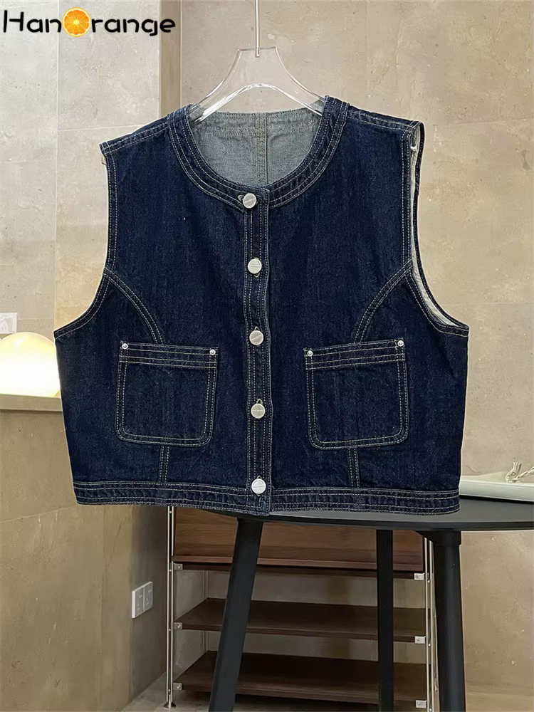 HanOrange 2026 – Nouvelle Collection Printemps : Gilet en Jean Femme Style Cowgirl, Sans Col, Court, Sans Manches, Vêtement Vintage Féminin