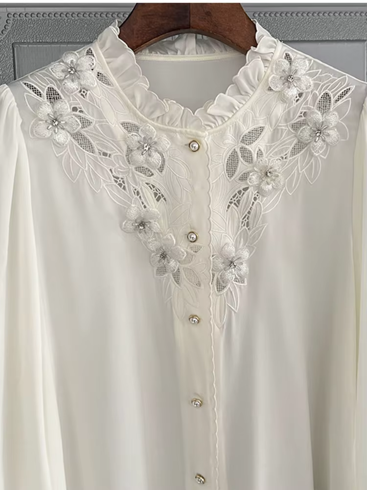 QOERLIN – chemisier de luxe en mousseline de soie pour femme, Chic, coréen, ajouré, élégant, col à volants, broderie florale