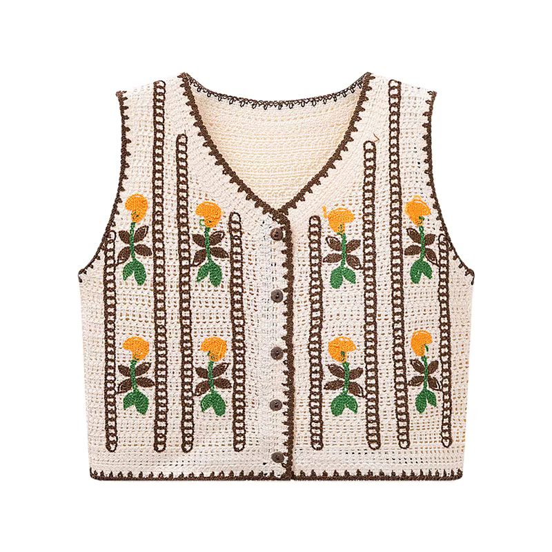 Gilet en tricot brodé floral pour femme style fairycore bohème printemps été occassions spéciales