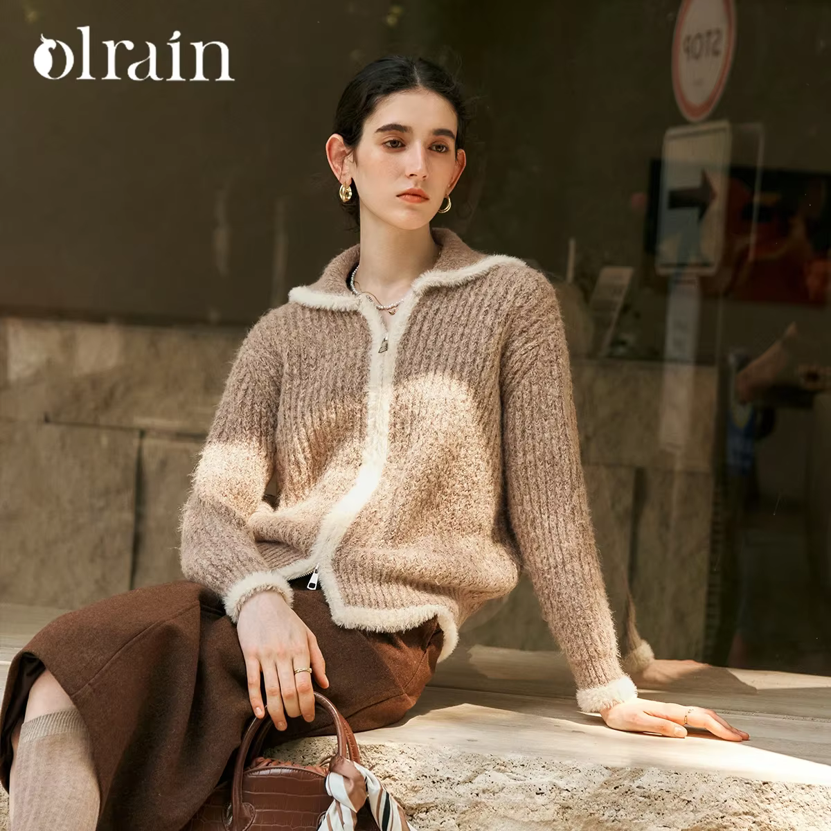 OLrain Cardigan Marron Style Français Femme 2026 Nouvelle Collection Automne Col Rabattu Manches Tombantes Tricot Zippé O56DM95269