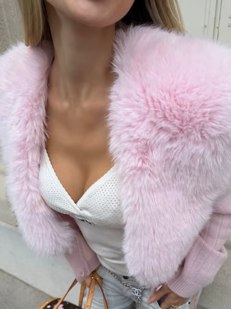 Cardigan court élégant en fourrure patchwork rose pour femme