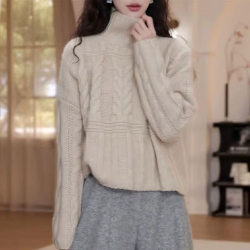Nouveau pull torsadé semi-col roulé pour femme