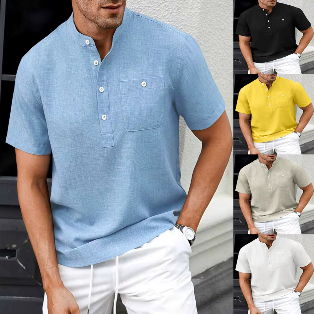 Chemise Henley à col montant pour homme, aspect lin, décontractée, manches courtes, boutonnée, légère, t-shirt d'été pour la plage