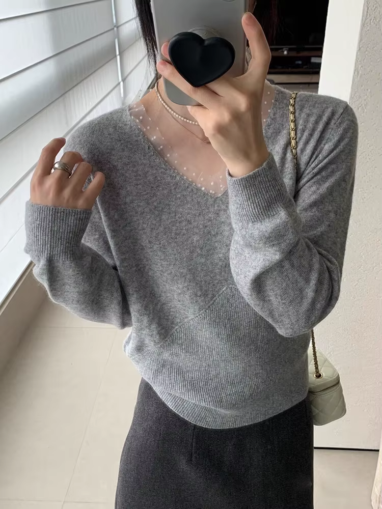 Pull coréen Patchwork à pois col en v pulls femmes Sueter Mujer à manches longues doux